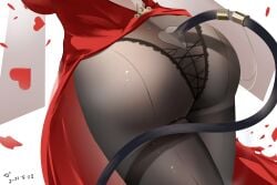 2022 absurdres arknights ass ass_focus backless_dress backless_outfit black_panties black_pantyhose breasts cat_tail clothing_cutout dated dress dutch_angle female heart highres large_breasts lower_body panties panties_under_pantyhose pantyhose red_dress sabou_san-shitsu_kokoro schwarz_(arknights) simple_background solo tail tail_ornament tail_ring tail_through_clothes thighs underwear white_background