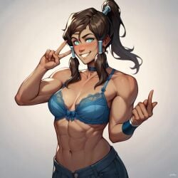 ai_generated avatar_legends big_breasts blush bra female korra mind_control nickelodeon nicktoons shorts smile the_legend_of_korra toned_female