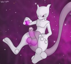 anthro anus balls bodily_fluids cum digital_media_(artwork) erection floating genital_fluids genitals hi_res humanoid_genitalia humanoid_penis legendary_pokémon male male_anus male_only masturbation mewtwo nintendo penile penile_masturbation penis pokemon pokemon_(species) presenting psychic smile solo space telekinesis varium video_games