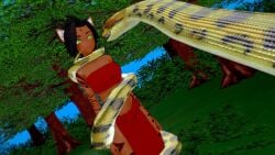 coiled_up coiling_around_body dark_skinned_female exposed_midriff femsub happy_trance hypnosis hypnotic_eyes jungle_girl kaa_eyes koikatsu mind_control perfect_idiot rwby sienna_khan snake snake_coil wrapped_up