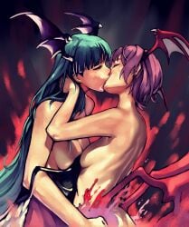 0g0nn 2girls darkstalkers female_only kissing lilith_aensland morrigan_aensland nude romantic succubus undressing yuri