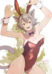 animal_ears armpits arms_up bare_shoulders black_bow black_bowtie bow bowtie breasts cat_ears cat_girl cat_tail cleavage cowboy_shot crossed_bangs dated detached_collar fake_animal_ears fangs gluteal_fold grey_hair highres kiyo_(a_sam_ko) large_breasts leotard mushoku_tensei open_mouth playboy_bunny rabbit_ears red_eyes red_leotard rinia_dedoldia short_hair signature smile tail traditional_bowtie white_wrist_cuffs wrist_cuffs