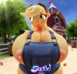 1girls 3d absurd_res alternate_version_available anthro anthrofied applejack_(mlp) apron apron_only areolae bent_over big_breasts blonde_hair breasts breasts_bigger_than_head busty cleavage curvaceous curvy curvy_figure denim_clothing digital_media_(artwork) earth_pony equid equine eyebrows eyelashes farm farmer female female_focus female_only freckles_on_face friendship_is_magic glistening glistening_body green_eyes hasbro headgear headwear hi_res hourglass_figure looking_at_viewer mammal motion_lines my_little_pony nip_slip nipples nipslip orange_body orange_fur outside pink_nipples render rendered snuddy solo thick_thighs trees voluptuous voluptuous_female wide_hips