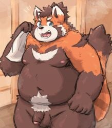 2024 ailurid anthro balls belly big_belly brown_body flaccid foreskin genitals humanoid_genitalia humanoid_penis kemono kotadash male mammal moobs navel nipples nude open_mouth orange_body overweight overweight_male penis red_panda solo steam suruga_(tamacolle) tamacolle towel