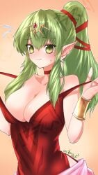 1girls blush cleavage embarrassed fire_emblem fire_emblem_awakening green_eyes green_hair i_was_a_b large_breasts looking_at_viewer manakete nervous nervous_smile nintendo pointy_ears ponytail smile sweat sweatdrop tiki_(adult)_(fire_emblem) tiki_(fire_emblem) undressing