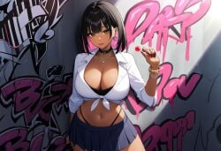 ai_generated alley black_bra black_choker black_hair black_thong blunt_bangs bracelet brown_eyes candy cleavage closed_mouth dark-skinned_female day earrings female fingernails graffiti gyaru hair_between_eyes holding_lollipop large_breasts light_smile lipstick looking_at_viewer medium_hair miniskirt navel_piercing necklace novelai original original_character outdoors pink_streak pleated_skirt seductive_look slut slutty_outfit standing wall white_shirt