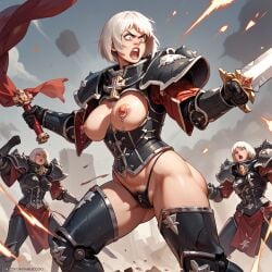 adepta_sororitas ai_generated angry_face exposed_breasts fighting_stance nipple_piercing power_armor pubic_hair sister_of_battle thong warhammer_(franchise) warhammer_40k