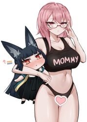 2girls animal_ears big_breasts black_hair blush breasts glasses hoshimi_miyabi lgbt_pride mommy panties pink_eyes pink_hair red_eyes tagme tsukishiro_yanagi yuri zenless_zone_zero