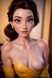 1girls ai_generated artist_name bare_shoulders beauty_and_the_beast belle belle_(beauty_and_the_beast) blurry_background breasts brown_eyes brown_hair clothes_pull collarbone dress earrings elbow_gloves eyelashes gloves hi_res jewelry lips long_hair looking_at_viewer makeup medium_breasts nipples no_bra nose off_shoulder one_breast_out patreon_username progenarts shiny_skin solo upper_body web_address yellow_dress