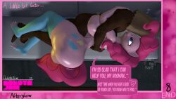 16:9 3d_(artwork) 4k absurd_res anthro ass big_butt biped breasts dialogue digital_media_(artwork) dj_ballistic5 duo english_text equid equine eyelashes female friendship_is_magic furniture hair hasbro hi_res lying male male/female mammal meddlingbee my_little_pony on_side pink_body pink_hair pinkie_pie_(mlp) pupils smile sofa speech_bubble text thick_thighs widescreen