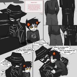 2boys alien alien_humanoid before_sex black_hair black_hair_male clothed clothed_male color colored colored_skin crackship dialogue electric_(artist) gay grey_skin grey_skin grope groping homestuck homestuck_troll horn horns humanoid jack_noir karkat_vantas male male_focus male_only non-consensual rape request sexual_harassment short_hair short_hair_male spades_slick text troll yaoi