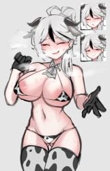 0ha 1girls big_breasts bikini black_eyes blush cow_print gloves horns library_of_ruina looking_at_viewer open_mouth partially_clothed presenting project_moon rule_63 smile solo standing stockings sweat white_hair yan_(library_of_ruina)