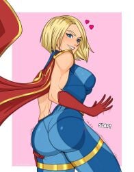 1girls ass ass_focus big_ass big_butt blonde_hair blue_eyes cape dc dc_comics female gloves lipstick slap smile supergirl superman_(series) tagme thick_thighs thigh_highs thighhighs thighs white_skin