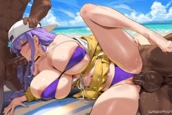 1girls 2boys ai_generated bb_(fate) beach big_breasts blowjob blush dark-skinned_male fate/grand_order fate_(series) fellatio from_behind interracial light-skinned_female long_hair lying lying_on_side multiple_boys naked oral oral_sex purple_eyes purple_hair sex sex_from_behind spooning straight sweat swimsuit tharkica type-moon