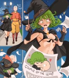 aang_(cosplay) avatar_the_last_airbender bikini_top embarrassed halloween halloween_costume kissing one-punch_man rakeemspoon tatsumaki witch_costume