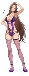 absurdres arm_up armpits bare_arms bare_shoulders breasts brown_eyes brown_hair cleavage collarbone commentary_request contrapposto earrings female fingernails fishnet_thighhighs fishnets full_body gluteal_fold hamazaki_risa hand_on_own_head hand_on_own_hip high_heels highres hoop_earrings imaizumin-chi_wa_douyara_gal_no_tamariba_ni_natteru_rashii jewelry large_breasts light_blush long_fingernails long_hair looking_at_viewer nail_polish navel nori_gorou official_art purple_footwear purple_nails shoes simple_background smile solo standing thighhighs very_long_hair white_background