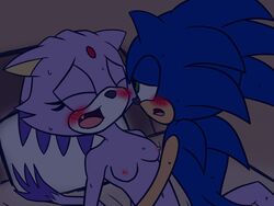 anthro bed blaze_the_cat blush breasts fangs feline female fur furry hedgehog interspecies lying male mammal missionary_position naked nipples nude on_back sega sex shinazuka sonic_(series) sonic_the_hedgehog straight sweat