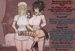 1futa 1girls big_breasts big_penis black_hair blonde_hair cheating cheating_girlfriend futa_on_female futanari hourglass_figure kemonomimi leggings netorare nurse_uniform penis_awe qesion tail tricked veiny_penis wall_of_text wide_hips