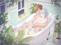 2girls ahoge arms_around_partner artist_name bath bathing bathing_together bathroom bathtub between_legs breasts bubble bubble_bath canon_couple cleavage closed_eyes color completely_nude eyebrows_visible_through_hair fingers_together gundam gundam_suisei_no_majo hand_on_another's_arm lighting married_couple miorine_rembran red_hair relaxing romantic romantic_couple rubber_duck scar scars_all_over sideboob sitting smile soap_bubbles suletta_mercury takehiko89 tied_hair watermark white_hair wholesome wife_and_wife yuri