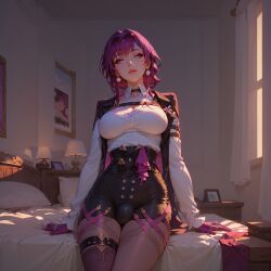 ai_generated athletic_futanari bedroom_background big_breasts blindparty choker civitai dickgirl futanari honkai:_star_rail kafka_(honkai:_star_rail) pantyhose penis purple_eyes purple_hair solo