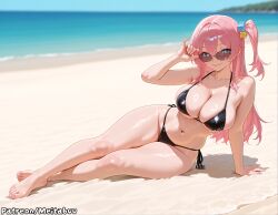 adjusting_eyewear ai_generated arm_support bare_shoulders barefoot beach bikini black_bikini blue_eyes blue_sky blurry blurry_background bocchi_the_rock! breasts cleavage closed_mouth collarbone cube_hair_ornament day feet female full_body gotou_hitori hair_between_eyes hair_ornament heart heart-shaped_eyewear large_breasts legs long_hair looking_at_viewer meitabuu navel ocean one_side_up outdoors pink_hair sand side-tie_bikini_bottom sitting skindentation smile solo stomach string_bikini sunglasses swimsuit thighs tinted_eyewear toes