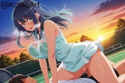 ai_generated blue_hair bouncing_breasts cowgirl_position cowgirl_position female flustered green_eyes heavy_breathing koinaart kurokawa_akane looking_at_viewer oshi_no_ko penis pussy sex sportswear stable_diffusion straddling tennis_uniform thick_thighs