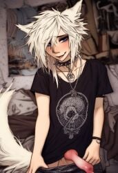 ai_generated animal_genitalia_on_humanoid bedroom blonde_hair blue_eyes canine_penis canine_penis_on_humanoid cookie-girl crop_top eyeliner ezara_(oc) fox_boy fox_ears fox_tail goth goth_boy pants_pull punk punk_boy seductive seductive_look seductive_pose skinny skinny_male smile solo solo_focus solo_male spiked_collar tapestry