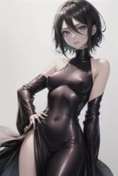 ai_generated black_dress black_hair bleach covered_nipples dress grey_eyes hand_on_hip kuchiki_rukia perky_breasts perky_nipples petite pose silver_eyes skin_tight skinny white_background