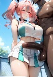 1boy 1girls ai_generated azur_lane black_cock bremerton_(azur_lane) bremerton_(scorching-hot_training)_(azur_lane) cock_shock dark-skinned_male dark_skin imminent_sex interracial kiss-shot large_breasts large_penis penis_awe tennis_court tennis_uniform