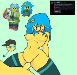 blue_hair boombox_(doomspire_defense) cowgirl_position cum_in_pussy cum_inside doomspire_defense druid_rockstar_(doomspire_defense) heart_eyes leaf open_mouth pleasure_face rockstar_(doomspire_defense) yellow_skin