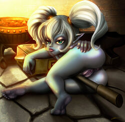 1girls blue_skin butt female_only hammer league_of_legends looking_back poppy presenting presenting_hindquarters pussy riot_games shaos shortstack smithy uncensored white_hair yordle