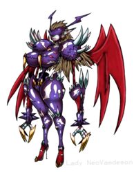 armor blood_in_mouth breasts brown_hair claws death_generals digimon digimon_xros_wars earrings female gauntlets grin head_wings high_heels hips huge_breasts long_arms long_hair mask monster_girl neovamdemon nipple_piercing nipples pale_skin small_waist spikes thick_thighs thighs vampire visor wide_hips wings