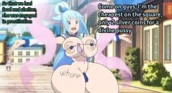 aqua_(konosuba) body_writing condom dildo english_text huge_ass huge_breasts kono_subarashii_sekai_ni_shukufuku_wo! micro_bikini prostitution public tattoo text used_condom useless_clothing