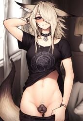 ai_generated bedroom blonde_hair blue_eyes canine_pussy cookie-girl crop_top eyeliner ezara_(oc) fox_ears fox_girl fox_tail gender_bender gender_transformation genderbent genderswap_(mtf) goth goth_girl hands_behind_head punk punk_girl rule_63 seductive seductive_look seductive_pose shorts skinny skinny_girl smile solo solo_female solo_focus spiked_collar