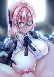 2girls censored dovefucking eyeglasses hi_res large_breasts mea_メア one_breast_out pink_eyes pink_hair pussy spreading_legs tsukishiro_yanagi yuri zenless_zone_zero