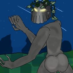 black_fur breasts gay grave_buster_(pvz) grey_skin leaf_hair muscles night night_sky plant plants_vs_zombies vinehair yellow_eyes