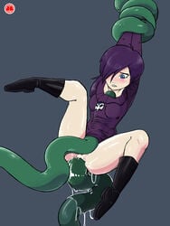 1girls anal anus arms_above_head arms_up ass between_breasts biting_lip blue_background blue_eyes blush bondage boots clothing hair_over_one_eye jlullaby large_insertion lemmy_(zone) looking_down original purple_hair rape restrained sex spread_legs sweater tentacle tentacle_between_breasts under_clothes wet zone-tan