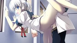 1boy blue_eyes blush bottomless female game_cg leg_lift misora_(shiawase_kazoku-bu) pussy school_uniform sex shiawase_kazoku-bu tsukimori_hiro uncensored vaginal_penetration white_hair