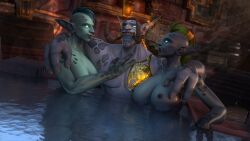 1boy 2girls 3d bath big_breasts blue_eyes blue_skin jah'lih sitting tattoo threesome troll_(warcraft) troll_female troll_male tusks world_of_warcraft zandalari_troll zentaeron