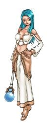 aqua_eyes aqua_hair arcana_(hentai_heroes) bare_shoulders blue_eyes blue_hair breasts cg cleavage crop_top detached_sleeves female full_body hand_on_own_hip hentai_heroes jaina_proudmoore large_breasts long_hair midriff navel official_art parody simple_background skirt solo staff white_background
