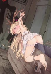 arms_behind_back blonde_hair blush bondage bondage bow breasts censored female hairbow highres horns kuroba_u long_hair looking_at_viewer looking_back nipples open_mouth original panties panty_pull pussy pussy_juice red_eyes rope ryona solo tears underwear wooden_horse