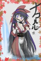 1girls ainu_clothes arm_up autumn_leaves big_breasts black_hair blush breasts busty cleavage female female_only fingerless_gloves gloves hair_ribbon hand_on_own_face heart heart-shaped_pupils highres king_of_fighters large_breasts legs long_hair looking_at_viewer mouth_hold nakoruru nature outdoors pulled_by_self purple_eyes ribbon samurai_shodown sensual snk solo sweat symbol-shaped_pupils teasing thighs top_pull traditional_media traditional_media_(artwork) very_long_hair voluptuous water waterfall weapon