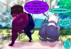 2girls amethyst_(steven_universe) ass ass_clapping background_character big_ass bottom_heavy brown_hair bubble_butt clapping_cheeks crouching dat_ass fat_ass female female_only garnet_(steven_universe) gem_(species) huge_ass large_ass massive_ass motion_blur n-kosi n-kosi_(coloring) pearl_(steven_universe) png purple_skin red_skin shortstack squatting steven_universe thick_ass thick_thighs twerking white_hair wide_hips