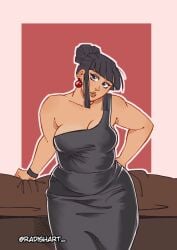 big_boobs big_breasts black_dress boobs breasts buns chi_chi chubby chubby_female cleavage dbz dragon_ball dragon_ball_super dragon_ball_z dress dressed earrings fancy fancy_clothing fancy_dress plump radishart_ short_hair tagme watermark