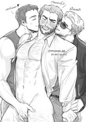 3boys abs artist_name ass bara beard blush breath clenched_teeth closed_eyes commentary_request crying crying_with_eyes_open cuntboy cuntboy_with_male deadpool donald_pierce dreaming_oor facial_hair fingering full-face_blush group_sex heart highres holding_another's_wrist kissing kissing_neck large_pectorals leg_hair logan_(movie) long_sleeves looking_at_another male_focus marvel mmm_threesome monochrome multiple_boys muscular naked_shirt navel old old_man one_eye_closed pants pectorals pubic_hair pussy_juice shirt short_hair sleeveless smile smirk sunglasses sweat tears teeth thick_thighs thighs threesome translation_request wolverine_(x-men) x-men x-men_film_series x-men_origins:_wolverine yaoi