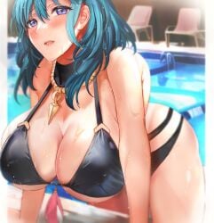 big_breasts blue_eyes blue_hair breasts byleth_(female)_(fire_emblem) byleth_(female)_(summer)_(fire_emblem) byleth_(fire_emblem) byleth_(fire_emblem)_(female) byleth_(summer)_(fire_emblem)_(female) female female_only fire_emblem fire_emblem:_three_houses fire_emblem_heroes nintendo solo tagme tongari wet_body