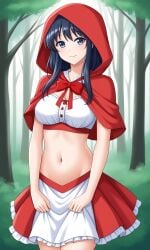 1girls big_breasts blue_eyes blue_hair breasts busty cleavage cosplay female female_only hair_ribbon hi_res hood king_of_fighters large_breasts legs little_red_riding_hood long_hair looking_at_viewer midriff nakoruru navel samurai_shodown skirt smile snk solo thighs voluptuous