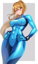 1girls blonde_hair blue_bodysuit bodysuit breasts female grey_background highres latex latex_bodysuit long_hair looking_at_viewer medium_breasts metroid nintendo ponytail samus_aran skin_tight solo two-tone_background volyz zero_suit