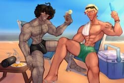 2boys bara beach exibitionism gay hairy_chest male muscular reaperkun7