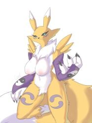 absurd_res anthro areola bandai_namco black_sclera blue_eyes breasts canid canine coel_(artist) digimon digimon_(species) female fur hi_res mammal nipples nude pink_areola pink_nipples renamon simple_background solo white_background white_body white_fur yellow_body yellow_fur